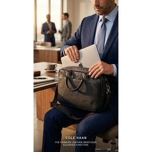 Cole Haan Black Pebbled Leather Briefcase Laptop Messenger Bag Contrast Stitch